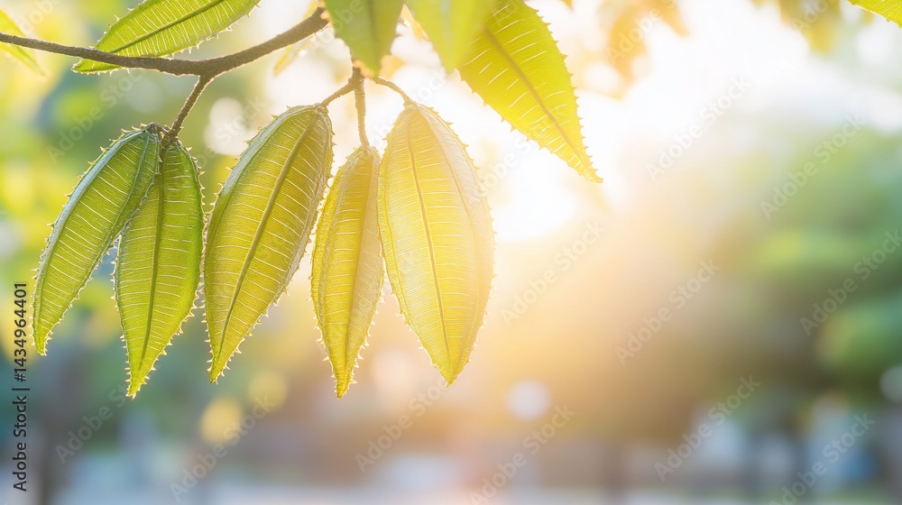 Sunlit green leaves on a branch, backlit, bokeh background