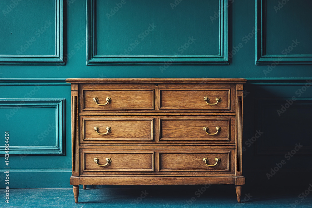 Fototapeta premium A classic wooden chest of drawers with brass handles against a teal wall.