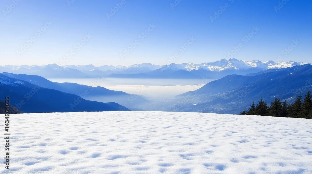 Snowy foreground overlooks valley & distant mountains under a clear blue sky
