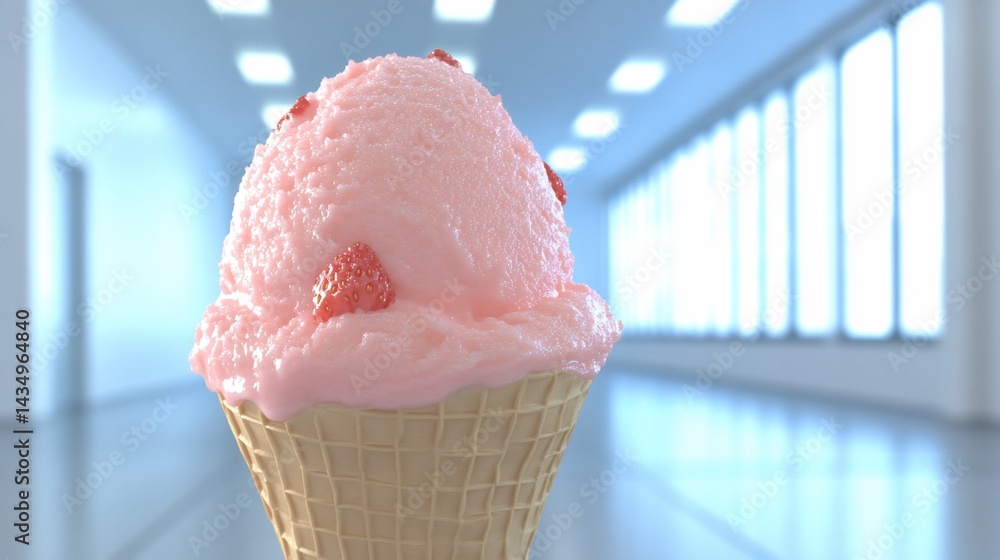 Pink strawberry ice cream in a waffle cone