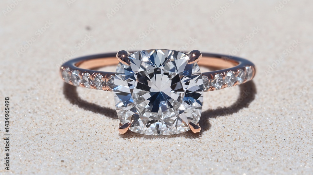 Sparkling diamond ring on sandy surface, reflecting sunlight. Close-up shot