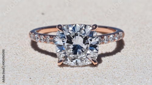 Sparkling diamond ring on sandy surface, reflecting sunlight. Close-up shot