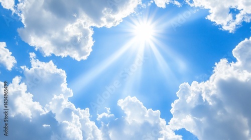 Obraz na płótnie Bright sunbeams pierce fluffy clouds against a vibrant blue sky w salonie