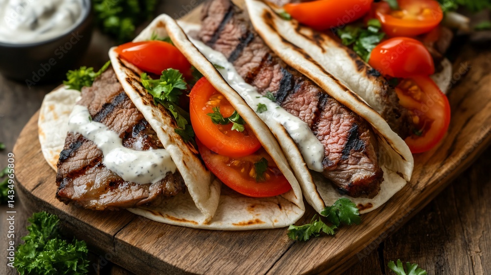 Grilled beef tacos with creamy sauce and cherry tomatoes. Freshly prepared, flavorful, and delicious