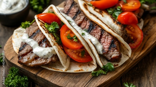 Obraz na płótnie Grilled beef tacos with creamy sauce and cherry tomatoes. Freshly prepared, flavorful, and delicious w salonie