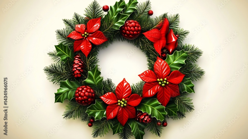Festive holiday wreath with red poinsettias, berries, and evergreen foliage