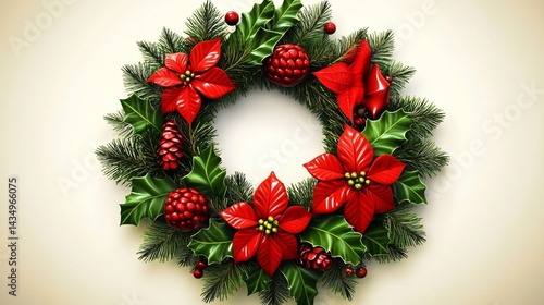 Obraz na płótnie Festive holiday wreath with red poinsettias, berries, and evergreen foliage w salonie