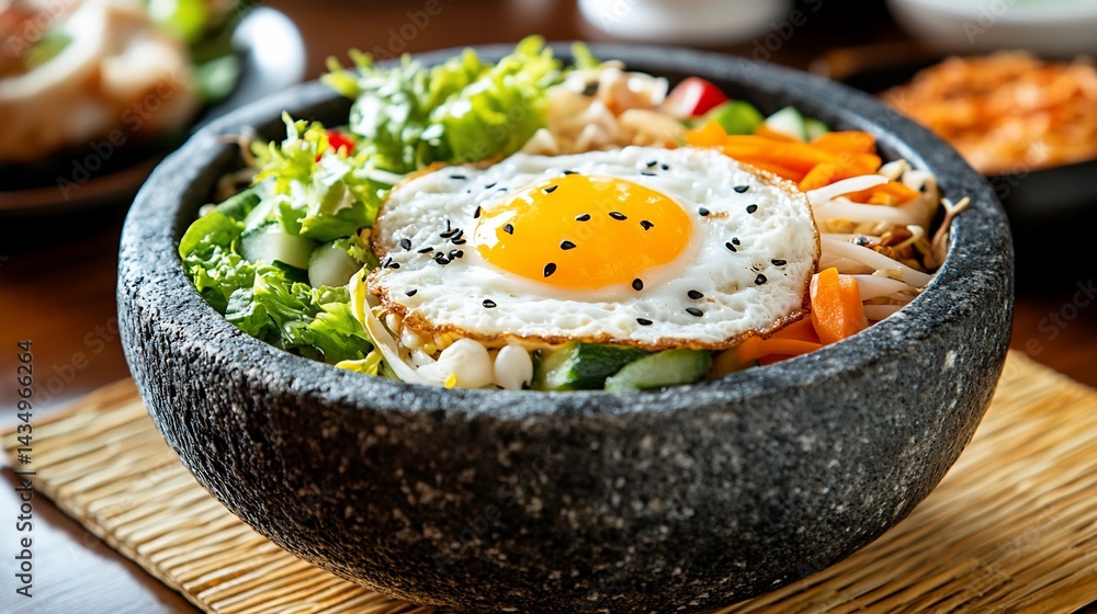 Colorful Korean Bibimbap in stone bowl, topped with fried egg