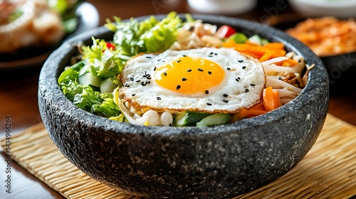 Obraz na płótnie Colorful Korean Bibimbap in stone bowl, topped with fried egg w salonie