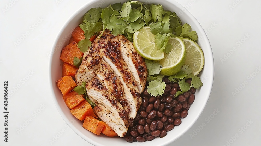 Grilled chicken, sweet potato, black beans, cilantro & lime bowl
