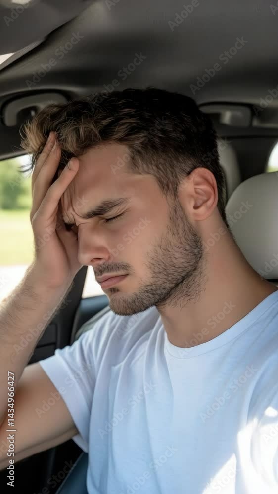 Exhausted man sitting in car with hand on forehead feeling overwhelmed and stressed about driving while wearing a casual shirt Exhausted man sitting in car with hand on forehead feeling overwhelmed and stressed about driving while wearing a casual shirt