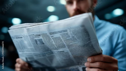 Man reading newspaper in a casual blue shirt indoors, news headlines and articles visible in a blurred background setting.
