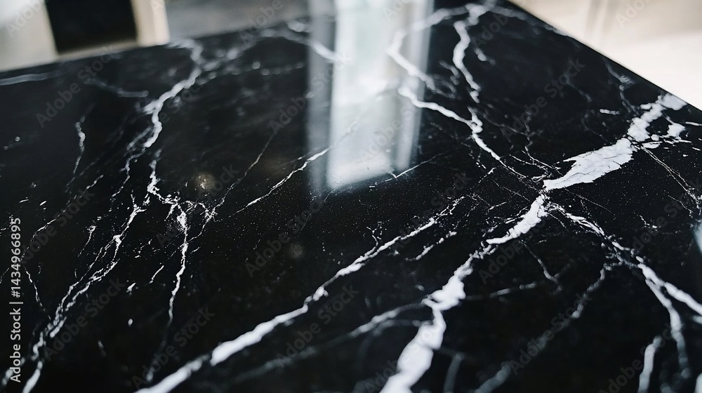 Elegant close-up of a polished black marble countertop with white veining