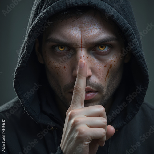 Hooded maniac with finger on lips gesturing shh sign to silence victim before attack