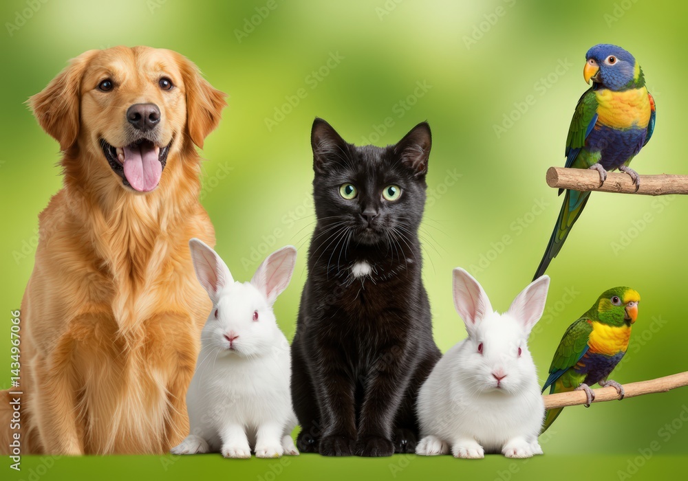 Fototapeta premium A group of different domestic animals including a dog, cat, rabbits and parrots are ready for a party as a representation of diverse pets together for celebration of companion animals.