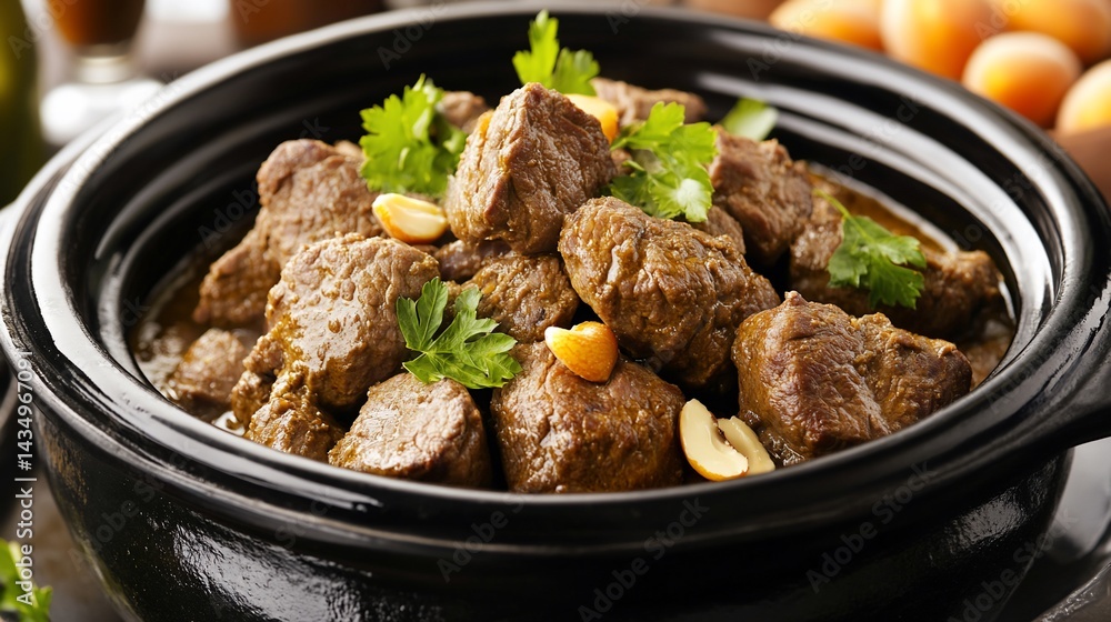 Hearty meat stew in a dark pot with garnish and apricots