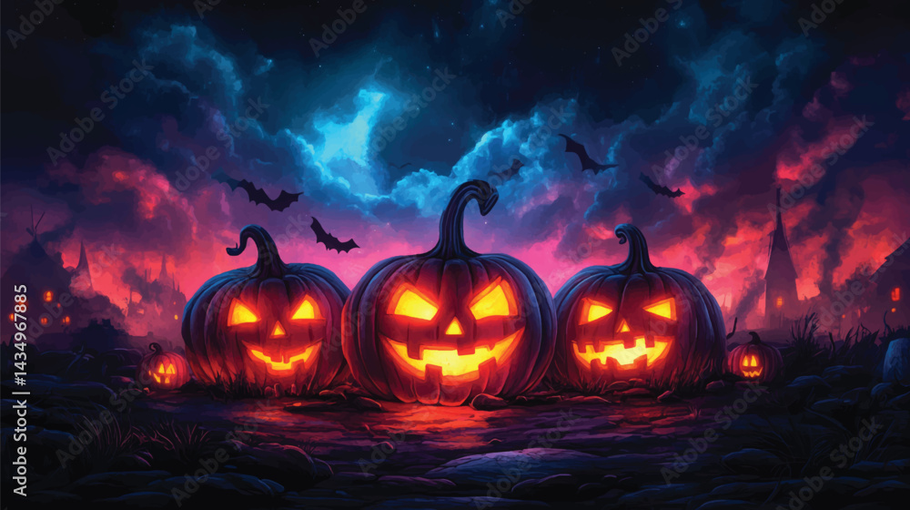 Fototapeta premium Halloween Cartoon Art with Glowing Pumpkins.