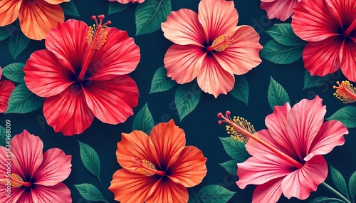 Wallpaper Mural Bold hibiscus flowers, repeating motif, bright colors , pink, blossom, decoration Torontodigital.ca