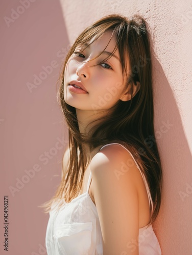 壁に寄りかかる美女のポートレート