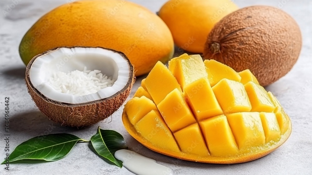 Fresh mango and coconut pieces on a light surface