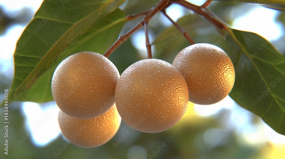 Three smooth, pale-golden fruits cluster on a branch, sunlight highlighting their texture