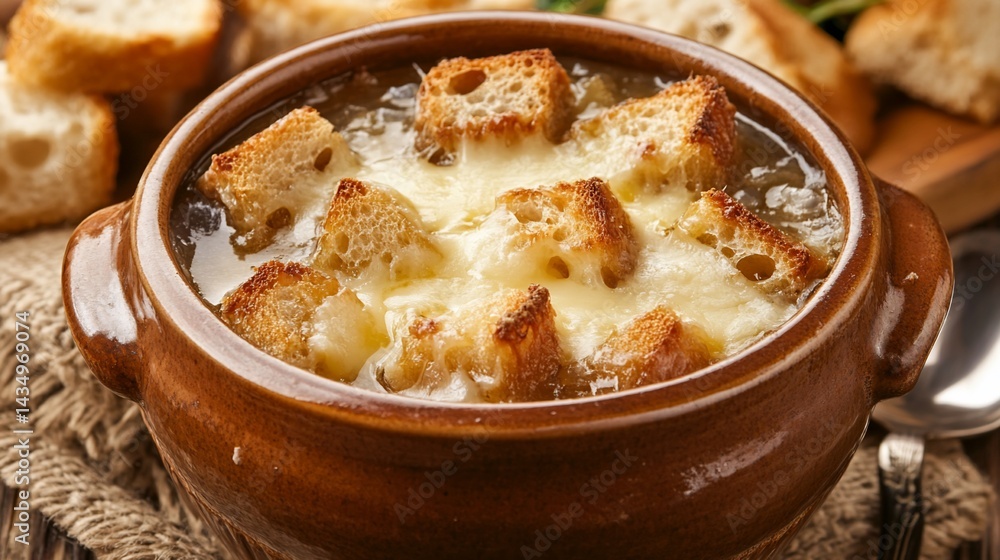 Hearty French onion soup in a rustic bowl. Topped with melted cheese and crunchy bread