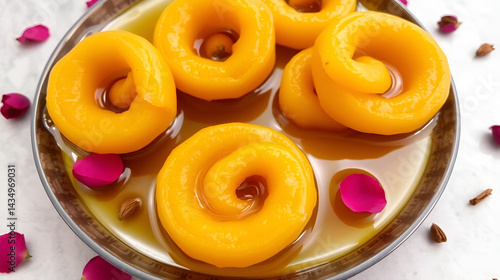 Chhena Jalebi ring shaped paneer sweets soaked in syrup, plated with rose petal and cardamom