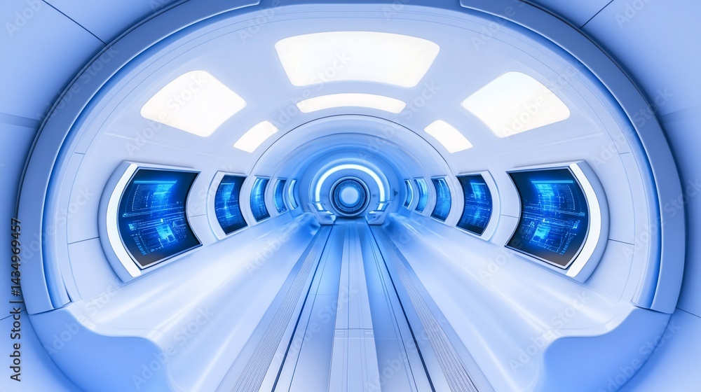 Futuristic, tunnel-like interior with screens and bright lighting