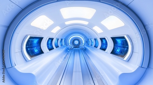 Obraz na płótnie Futuristic, tunnel-like interior with screens and bright lighting w salonie