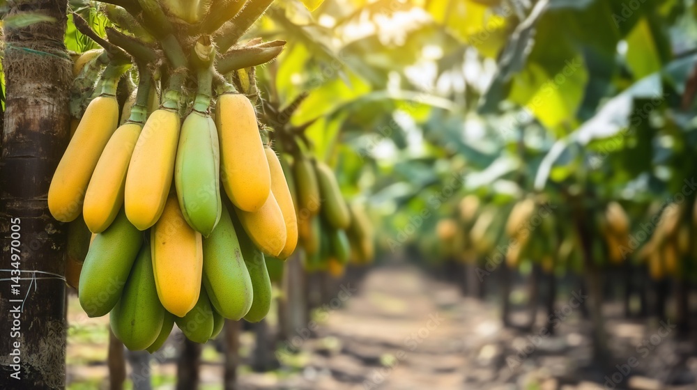 Banana trees laden with yellow and green fruits
