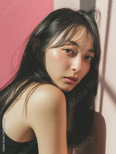壁に寄りかかる美女のポートレート