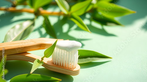 Bamboo toothbrush with toothpaste on mint background with copy space. Close up view in sunlight.