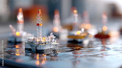 Miniature oil rigs on reflective surface, showcasing visionary oil industry investment model