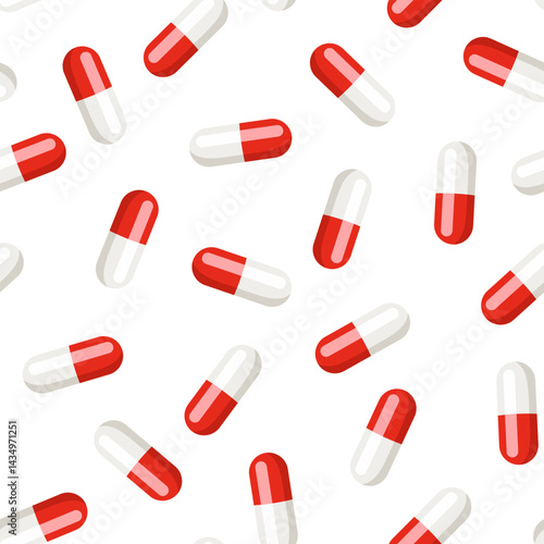 Red pills seamless pattern. Medications background. Vector cartoon flat illustration of medical capsules on white