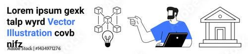 Man using laptop gesturing towards blockchain diagram and lightbulb, representing innovation, ideas, technology, blockchain, education, finance concepts, ideal for tech websites flat landing page