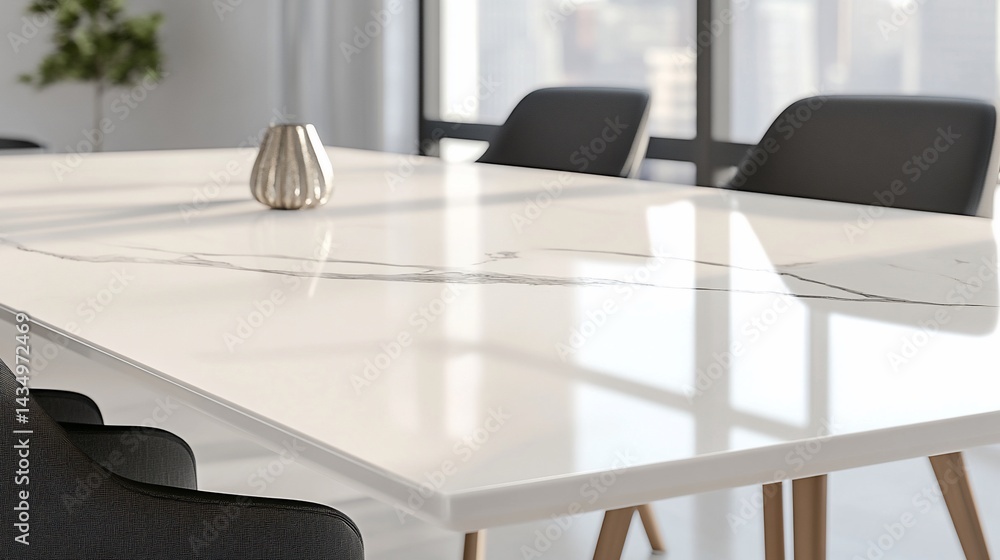 Modern dining table with chairs, sunlight, and decorative vase. Bright, clean aesthetic
