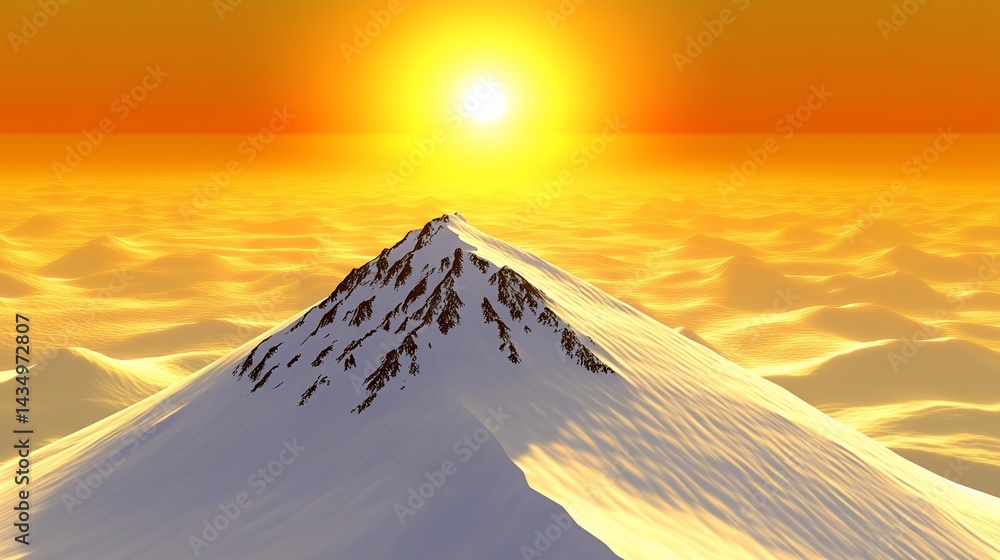 Majestic snow-capped peak, golden sunset above clouds