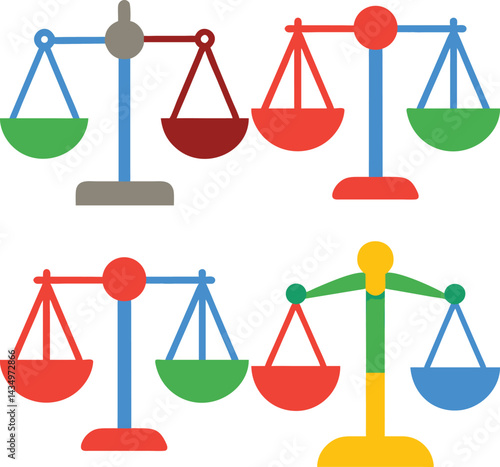 Colorful scale illustrations for justice and balance conceptual flat design four different styles minimalist vectors