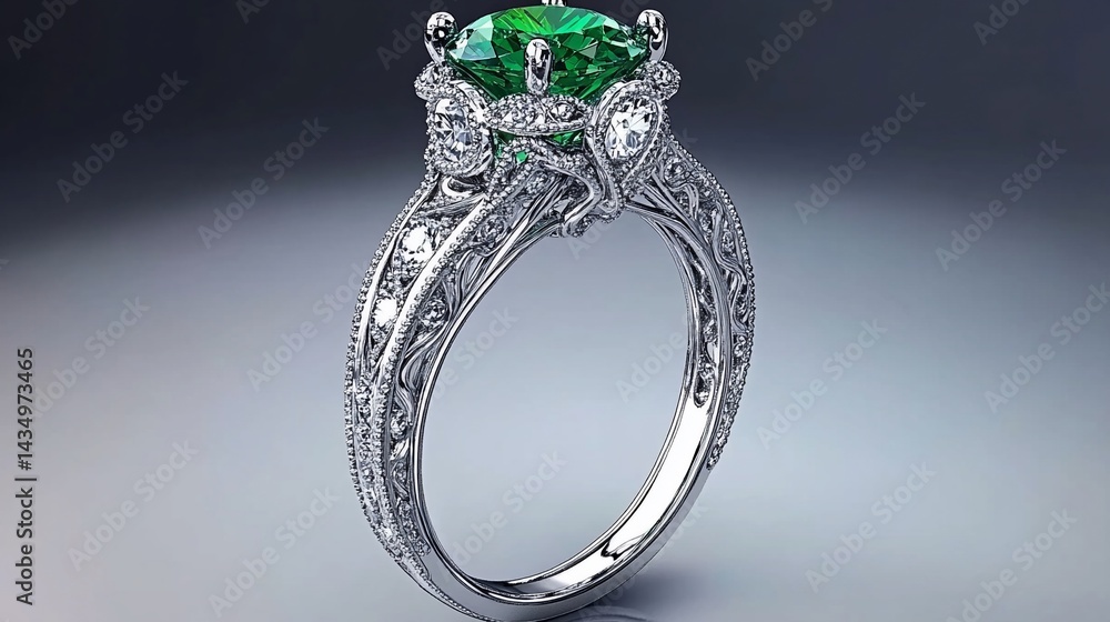 Exquisite ring with a large emerald, detailed design, and sparkling gems