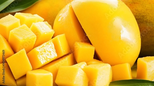 Juicy mango, cut in pieces, vibrant yellow, close-up view