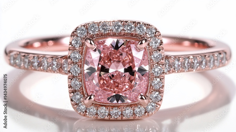 Rose gold ring with a pink diamond center stone and surrounding halo