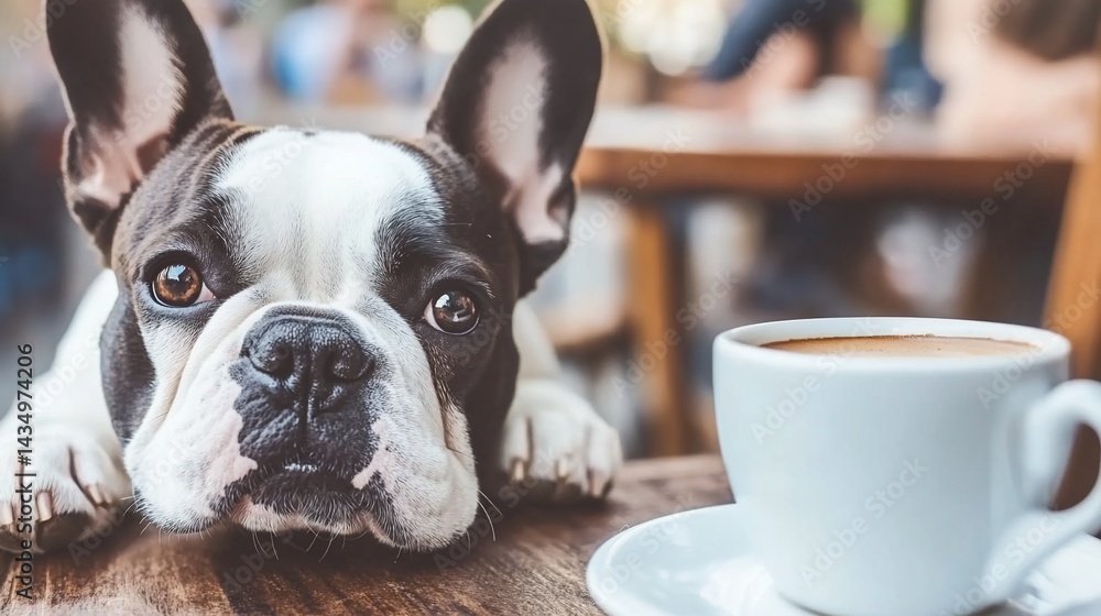 French bulldog resting near coffee cup, at cafe. Wooden table setting