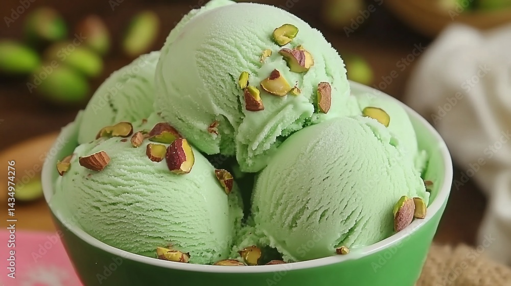 Pistachio ice cream scoops in a green bowl, garnished with nuts