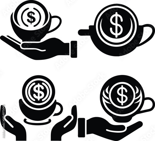 Black silhouette vector set depicting dollar sign tea cups held by hands