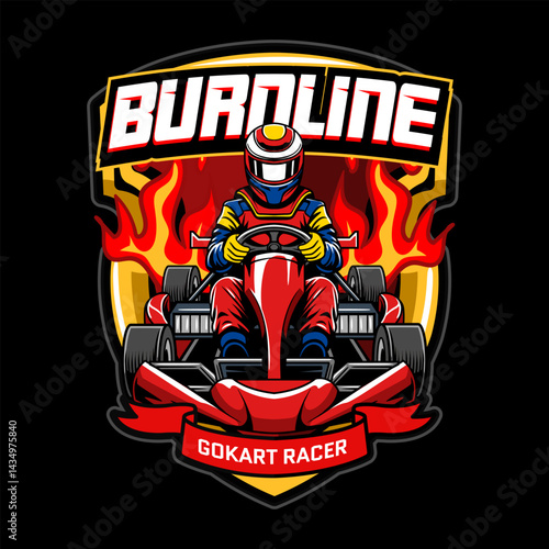 Kart sport racing, red color with man driver from front view emblem logo cartoon illustration for poster, t-shirt print, business element, social media content, blog, sticker, vlog, and card