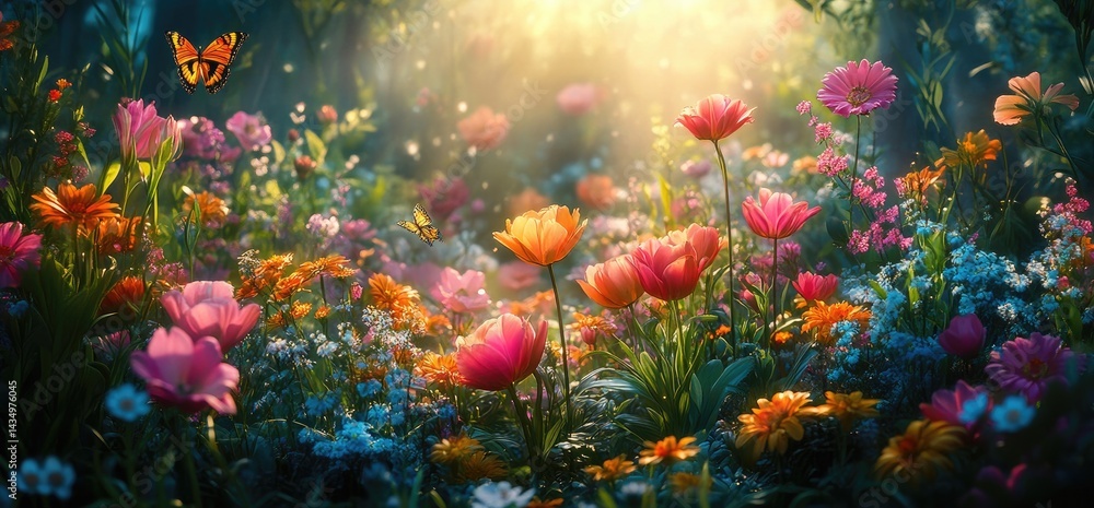 Lush flower meadow with vibrant colors and butterfly spring nature scene Lush flower meadow with vibrant colors and butterfly spring nature scene