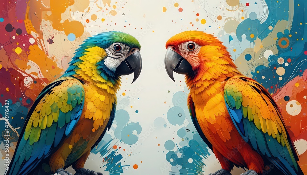 Obraz premium Two colorful parrots facing each other against a vibrant abstract background art