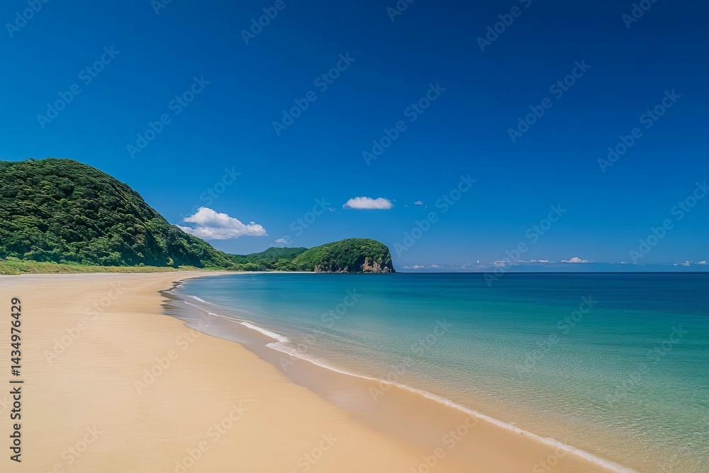 Obraz premium tropical beach with blue sky, beach, sea, sand, water, ocean, sky, island, tropical, summer, coast, landscape, vacation, travel, nature, shore, holiday, wave, bay, clouds, paradise, blue, seascape, co
