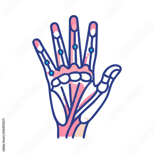 Stylized hand skeletal illustration in pink, blue and black