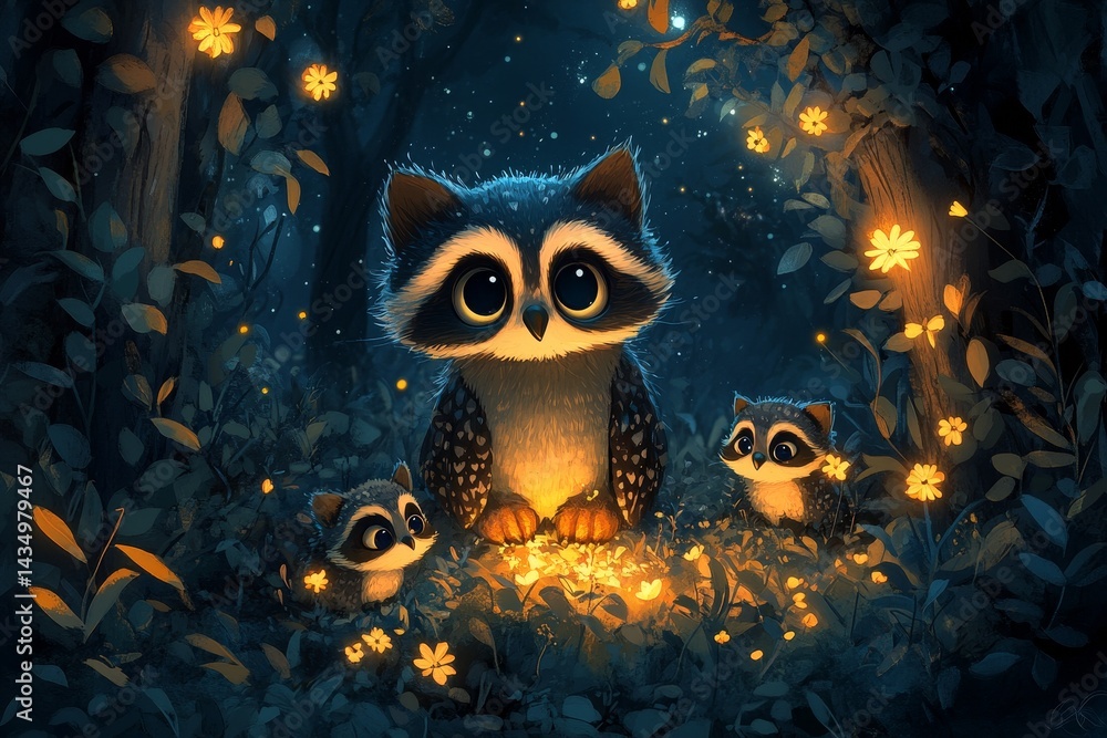 Fototapeta premium Raccoon family glows in dark forest, magical night scene, children's book illustration